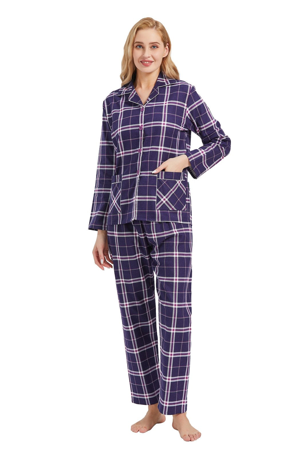 GLOBAL Womens Cotton Flannel Pajama Set - Cozy Winter 2-Piece Loungewear with Button-Down Top & Pants