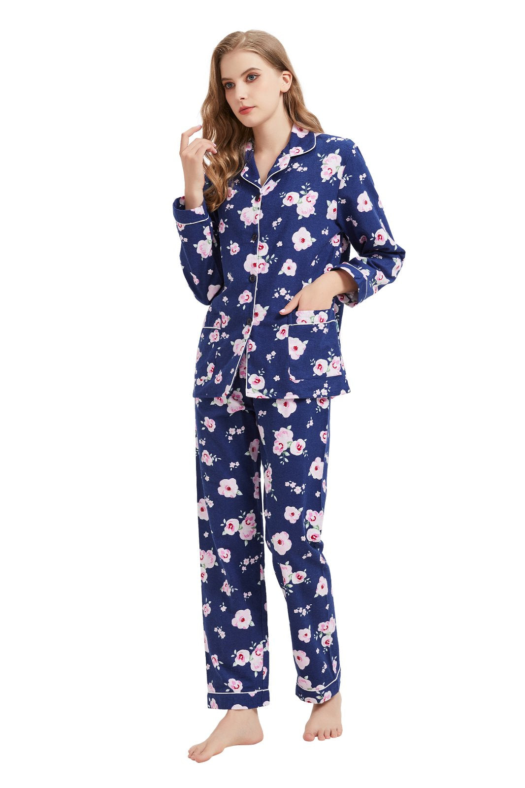GLOBAL Womens Flannel Cotton Pajama Set Long PJs Flannel Loungewear Sleepwear,Size S-3XL