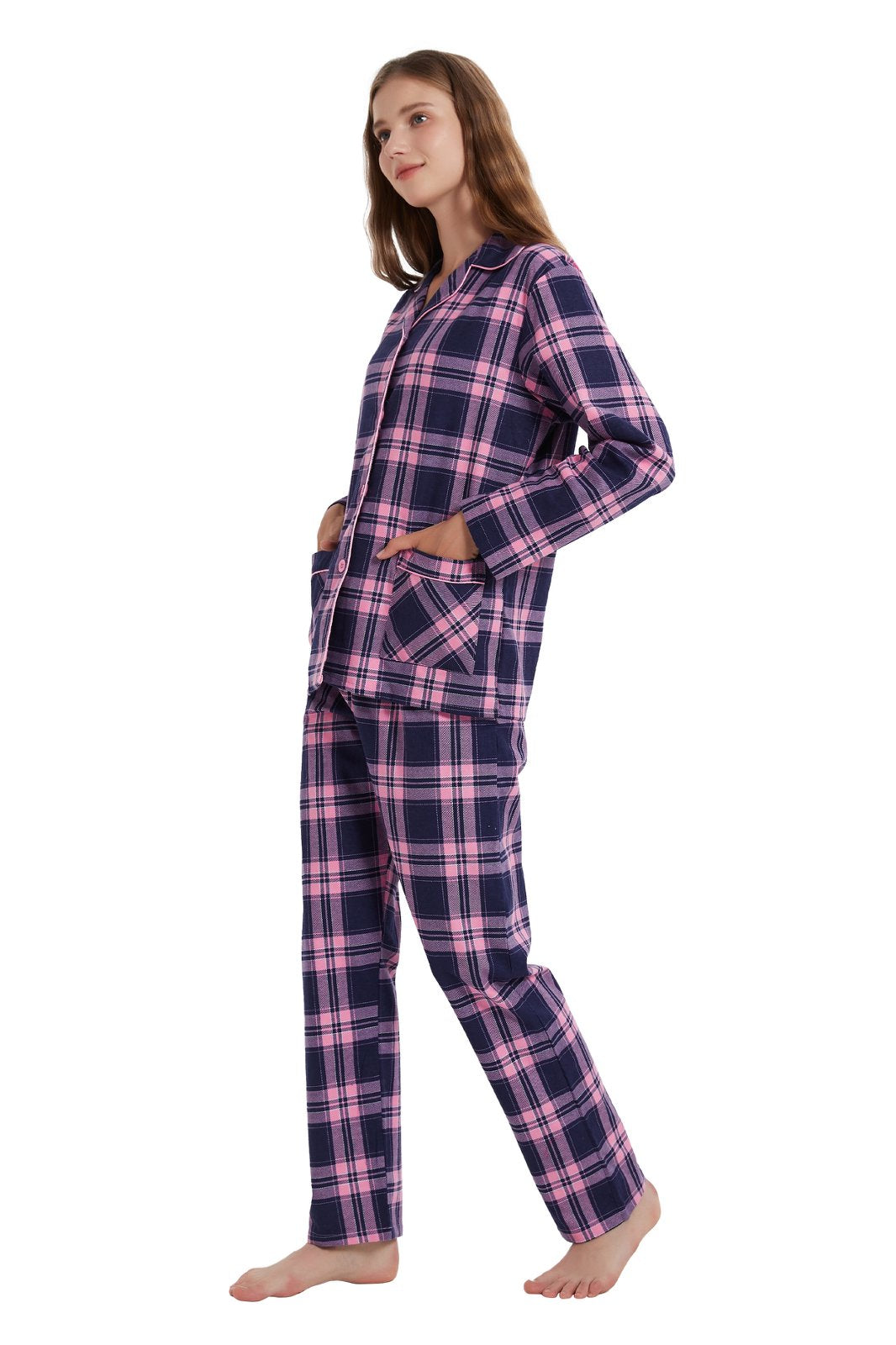 Amaxer Womens 100% Cotton Cozy Flannel Pajama Set - Long Sleeve Button-Up Top with Elastic Waist Pants, Warm & Soft Sleepwear