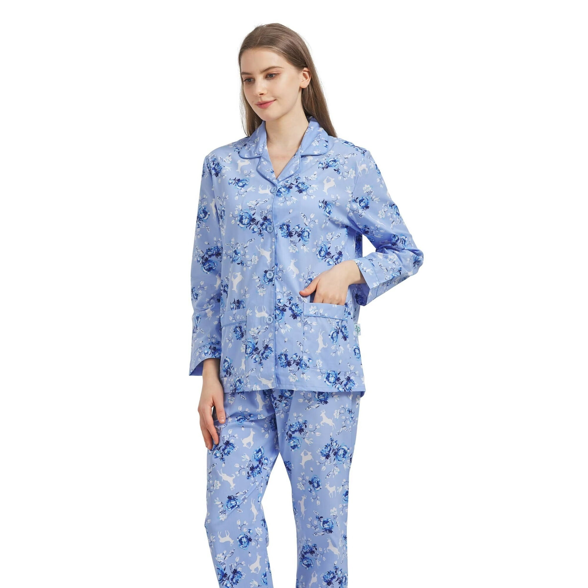 GLOBAL 100% Cotton Pajamas for Women Notch Collar Pjs Cozy Button Down Homewear with Pockets, Spring & Summer, 2-Piece, Sizes S to 3X
