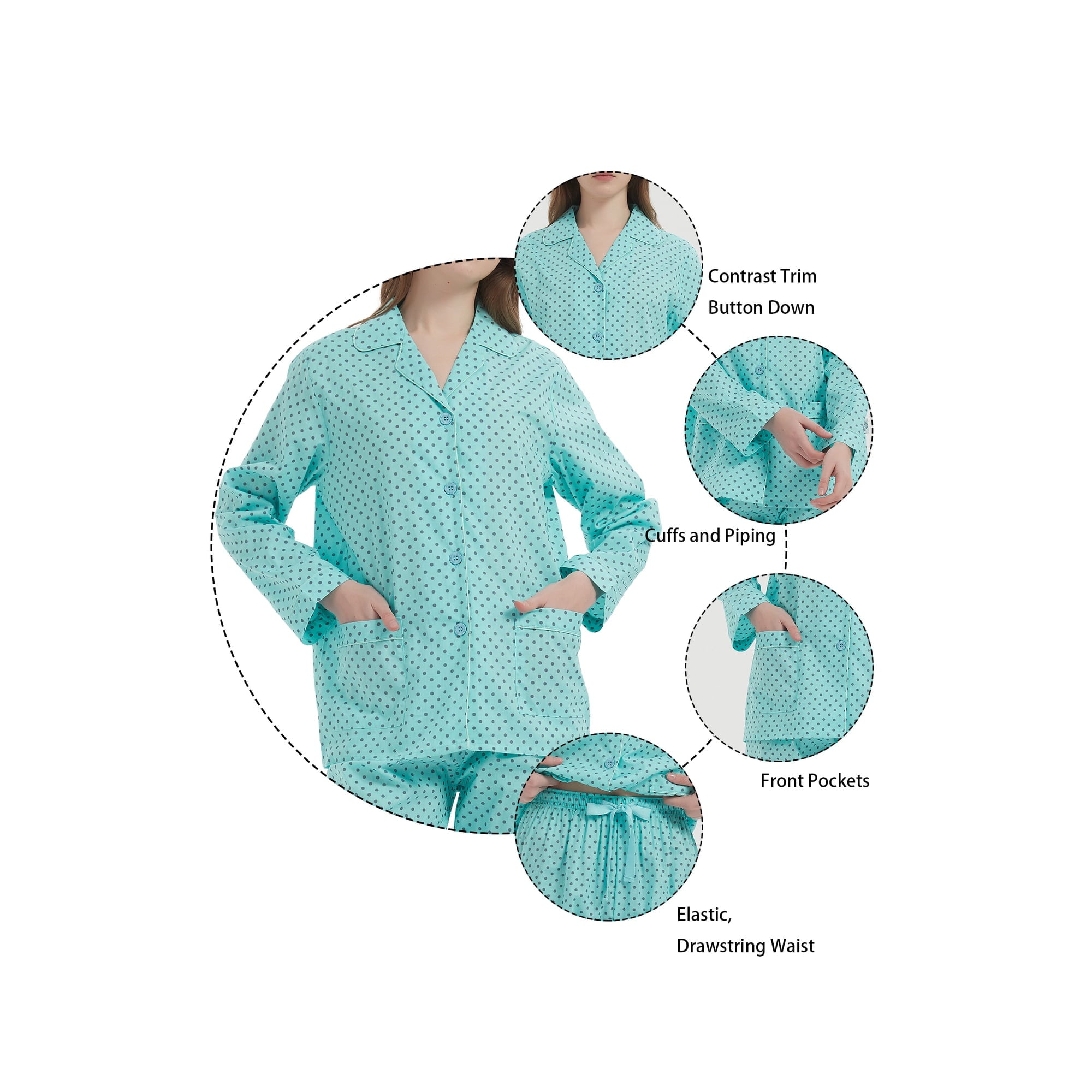 GLOBAL 100% Cotton Pajamas for Women Notch Collar Pjs Cozy Button Down Homewear with Pockets, Spring & Summer, 2-Piece, Sizes S to 3X