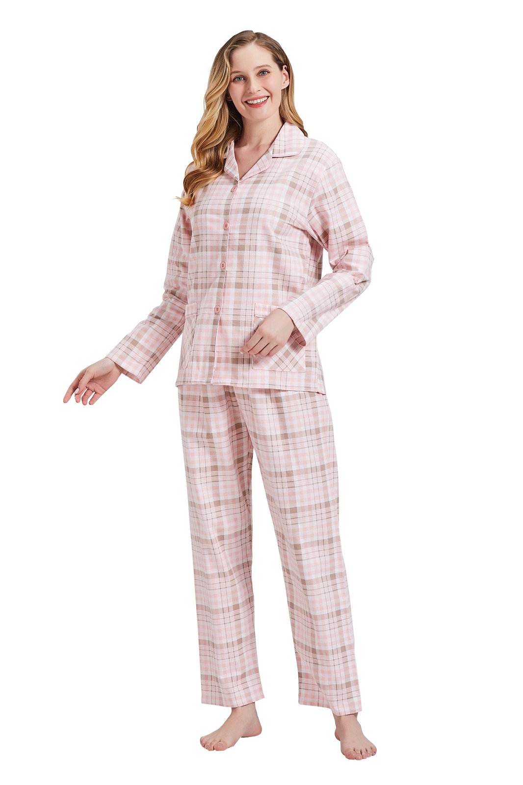 Amaxer Womens 100% Cotton Cozy Flannel Pajama Set - Long Sleeve Button-Up Top with Elastic Waist Pants, Warm & Soft Sleepwear