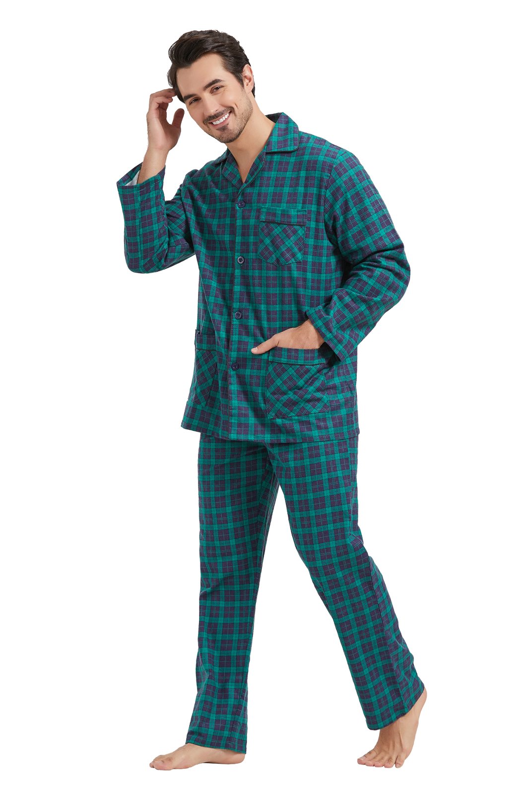Amaxer Mens Cotton Flannel Pajama Set, Long Sleeve Button‑Down Top & Elastic Waist Long Pants, Breathable Sleep Loungewear, Size 3XL