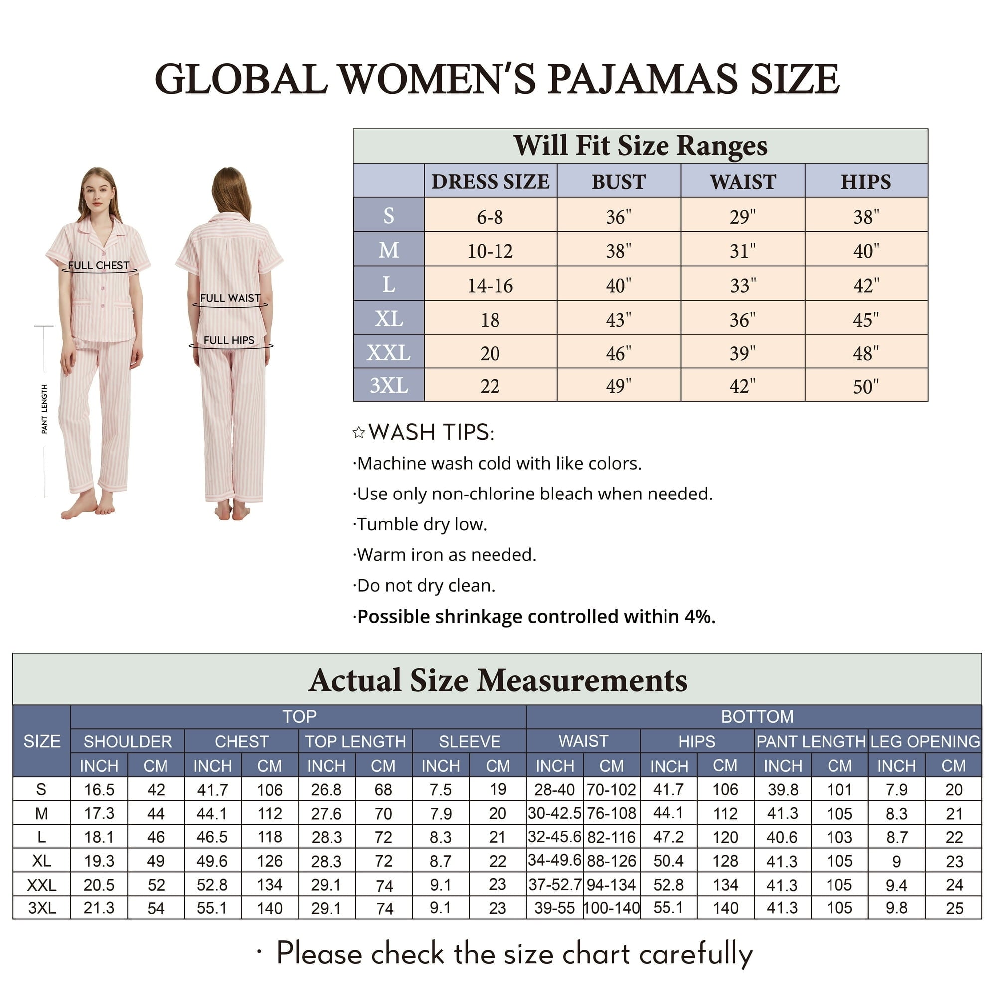 GLOBAL Women 100% Cotton Button Down Short Sleeve Top & Long Pants Summer Pajama Set with Pockets, 2-Piece, Sizes S to 3XL
