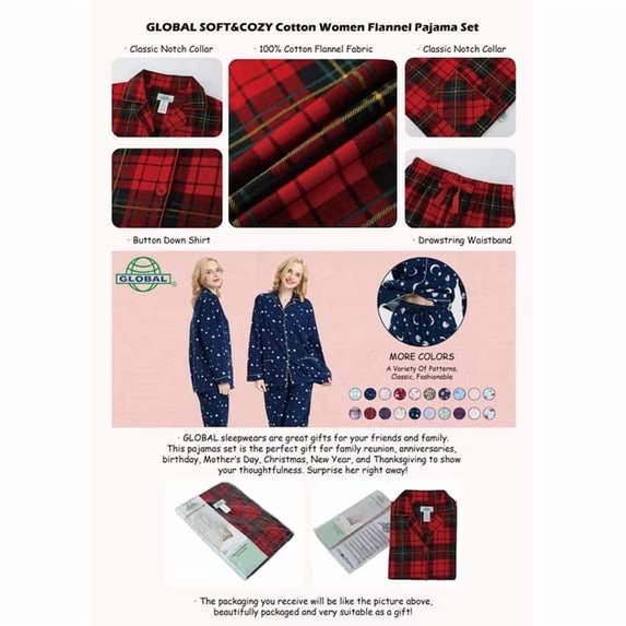 GLOBAL Womens Flannel Cotton Pajama Set Long PJs Cozy Winter Flannel Loungewear Sleepwear