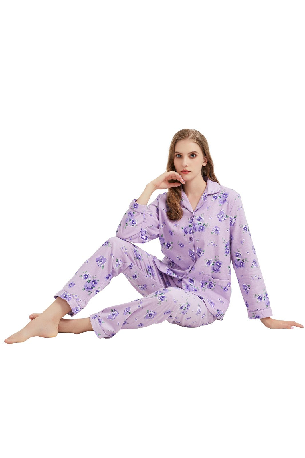 GLOBAL Womens Flannel Cotton Pajama Set Long PJs Flannel Loungewear Sleepwear,Size S-3XL