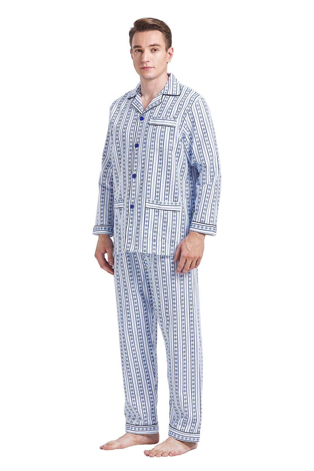 GLOBAL Men's Cotton Flannel Pajama Set, Long Sleeve Button‑Down Top & Long Pants Sleepwear, Soft Warm Loungewear, S-3XL
