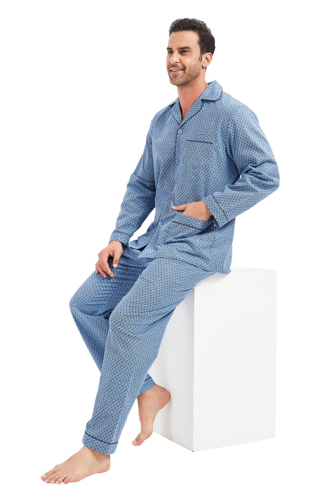 GLOBAL Men's Cotton Flannel Pajama Set, Long Sleeve Button‑Down Top & Long Pants Sleepwear, Soft Warm Loungewear, S-3XL