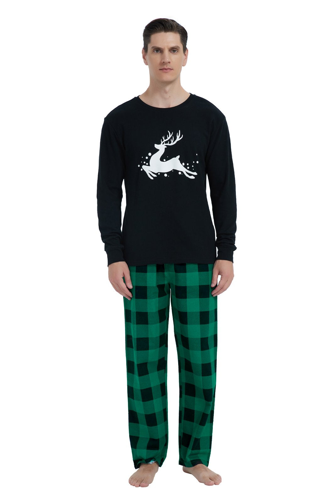 GLOBAL Men's Cotton Knit Top Flannel Pants Sleepwear Matching Pajamas for Couple Pjs for Family, Size S-3XL