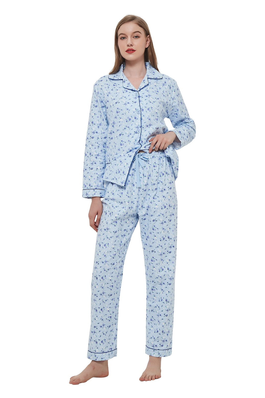 GLOBAL Womens Flannel Cotton Pajama Set Long PJs Cozy Winter Flannel Loungewear Sleepwear