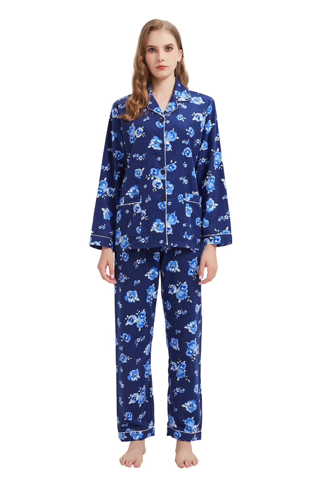 GLOBAL Womens Flannel Cotton Pajama Set Long PJs Flannel Loungewear Sleepwear,Size S-3XL