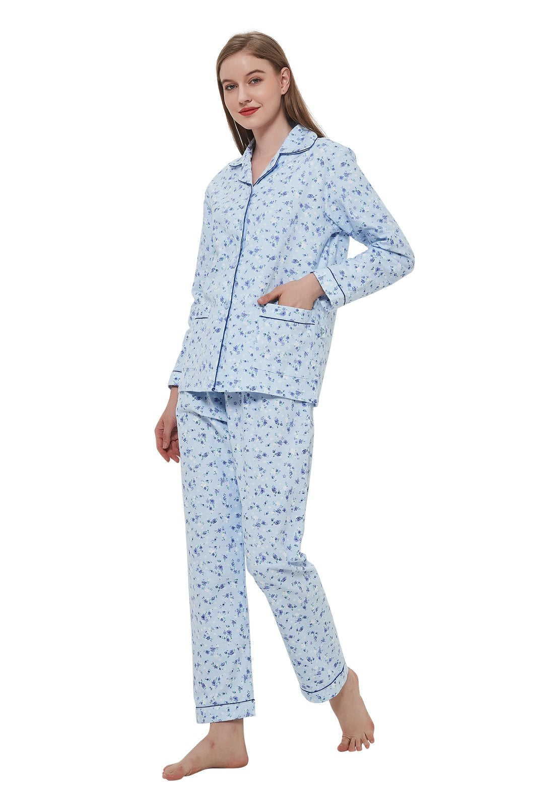 GLOBAL Womens Flannel Cotton Pajama Set Long PJs Cozy Winter Flannel Loungewear Sleepwear