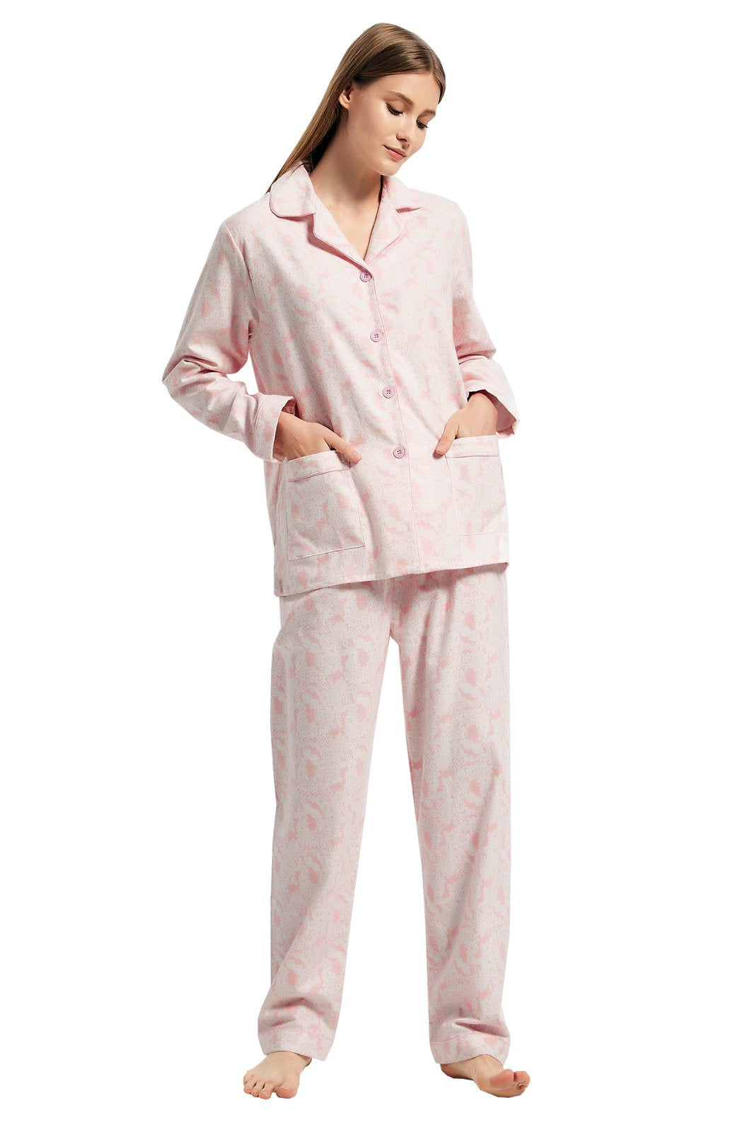 GLOBAL Womens Flannel Cotton Pajama Set Long PJs Cozy Winter Flannel Loungewear Sleepwear