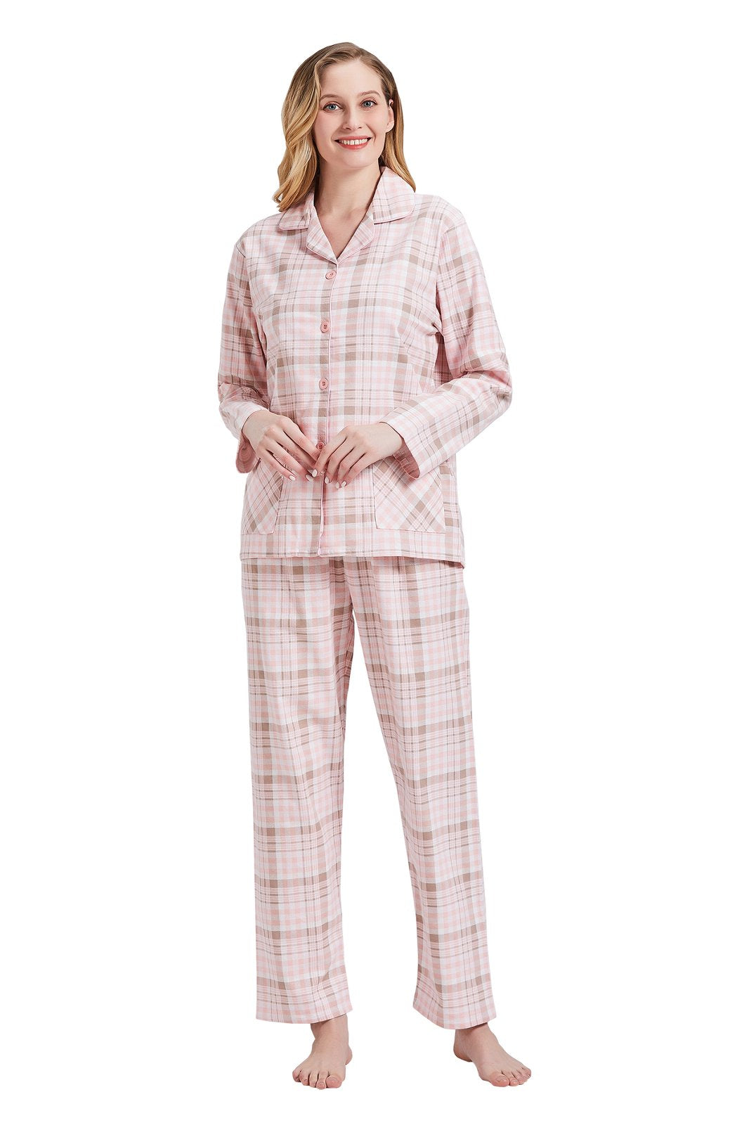 Amaxer Womens 100% Cotton Cozy Flannel Pajama Set - Long Sleeve Button-Up Top with Elastic Waist Pants, Warm & Soft Sleepwear