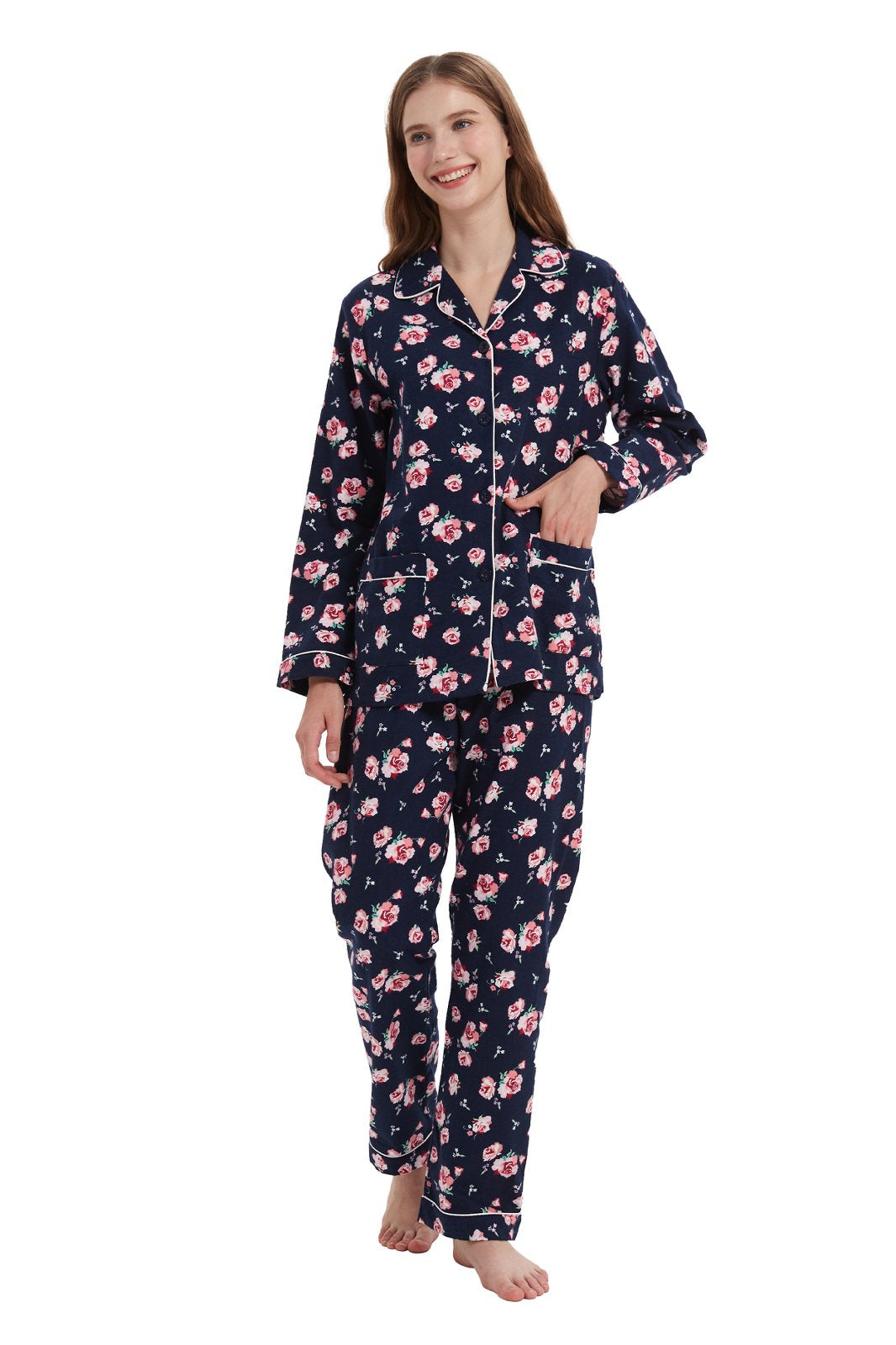 Amaxer Womens 100% Cotton Cozy Flannel Pajama Set - Long Sleeve Button-Up Top with Elastic Waist Pants, Warm & Soft Sleepwear