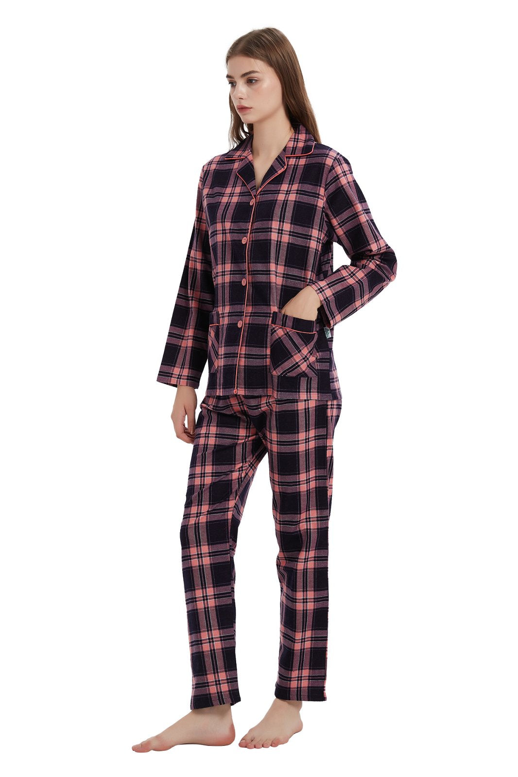GLOBAL Womens Flannel Cotton Pajama Set Long PJs Flannel Loungewear Sleepwear