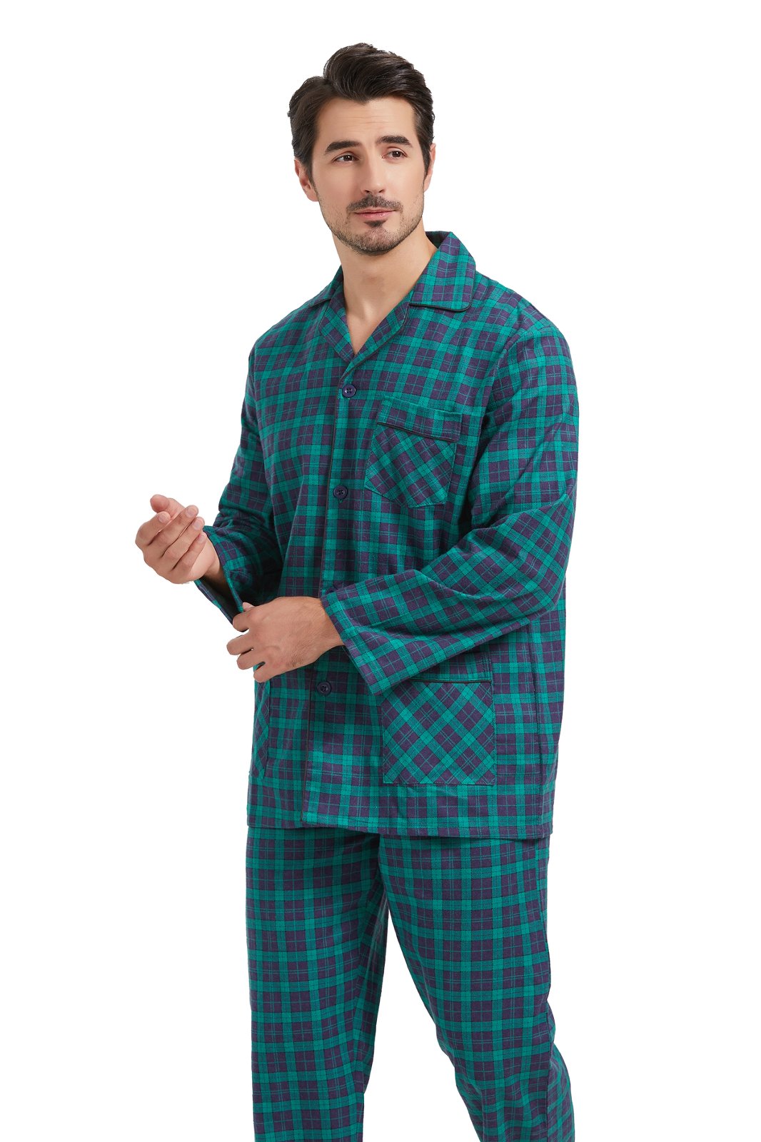 Amaxer Mens Cotton Flannel Pajama Set, Long Sleeve Button‑Down Top & Elastic Waist Long Pants, Breathable Sleep Loungewear, Size 3XL