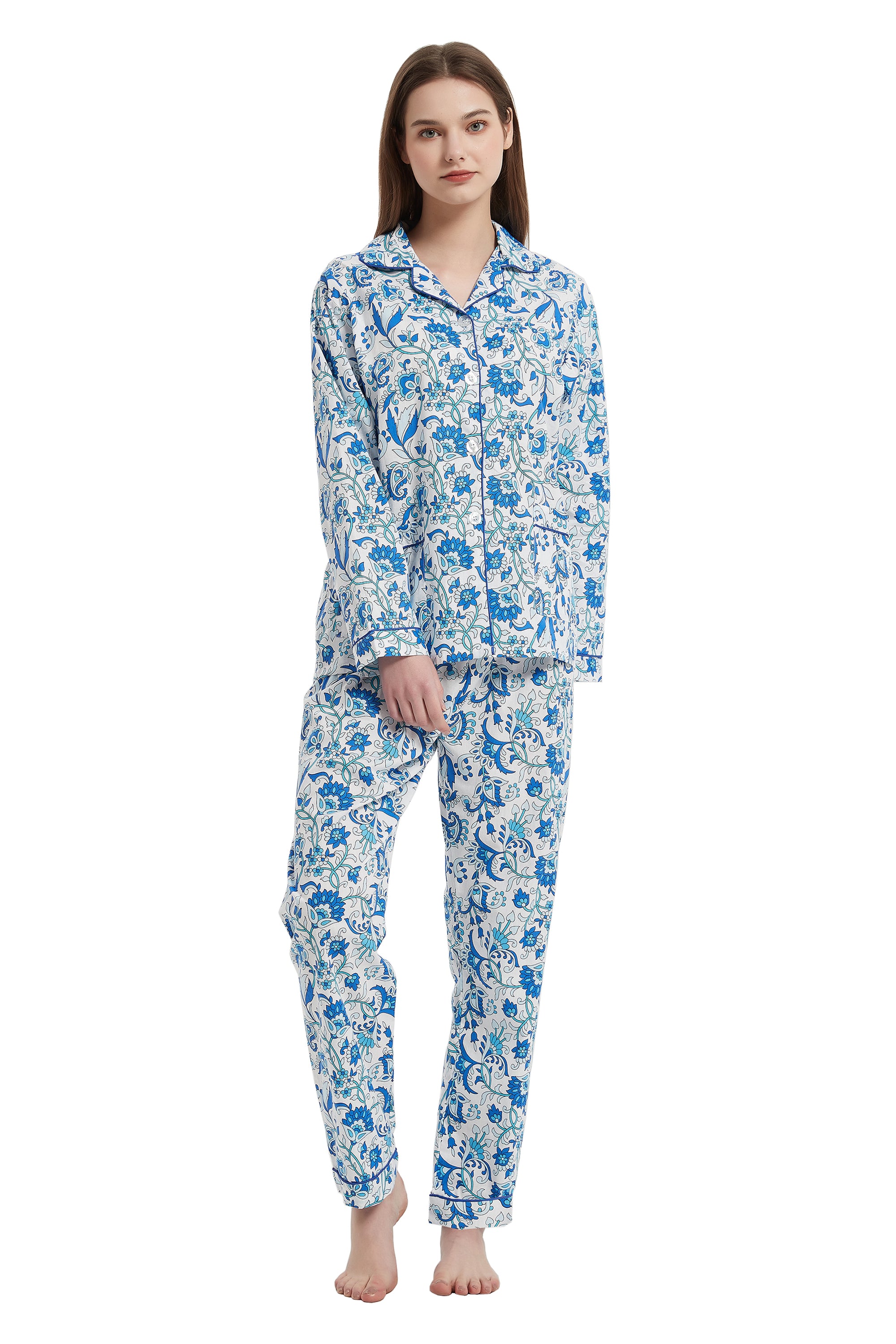 Amaxer Women's Pure Cotton Long Sleeve Notch Collar Pajama Set - Breathable Lightweight Sleepwear , Soft Loungewear for Spring and Summer & Comfort
