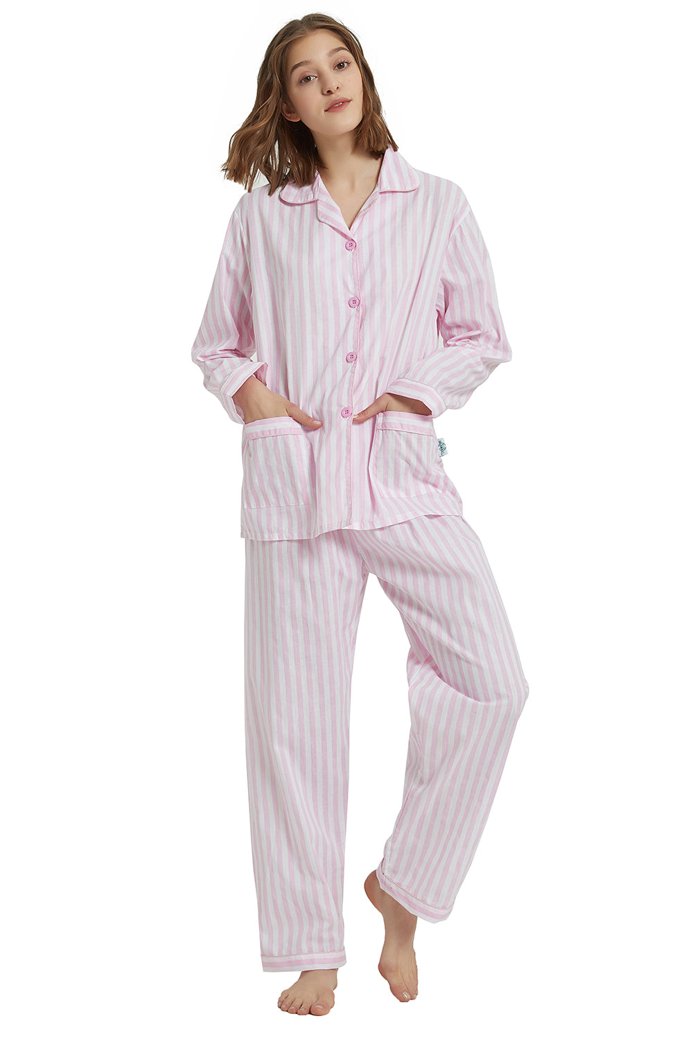 GLOBAL Womens 100% Cotton Pajamas Pink Stripes PJs Set