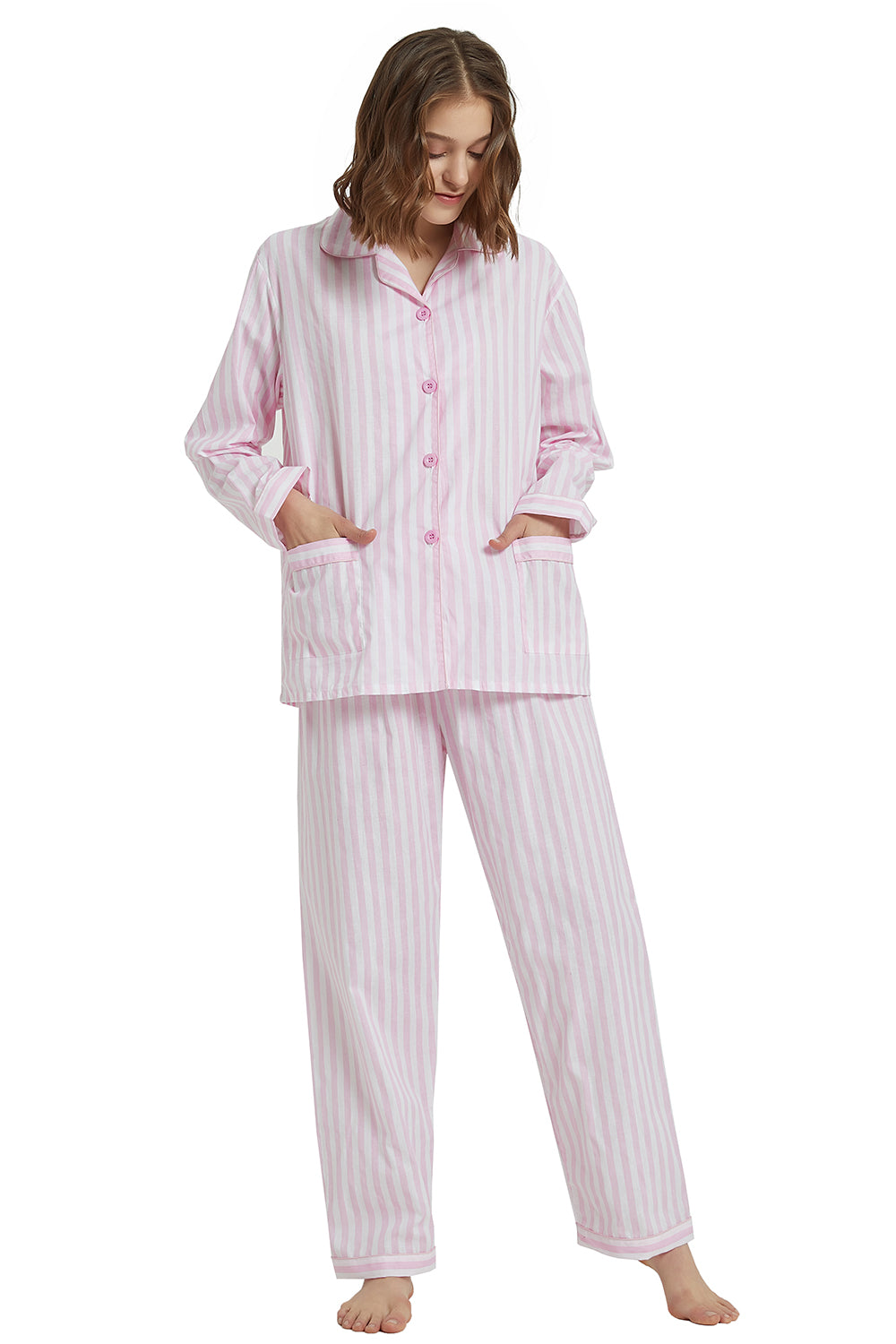 GLOBAL Womens 100% Cotton Pajamas Pink Stripes PJs Set