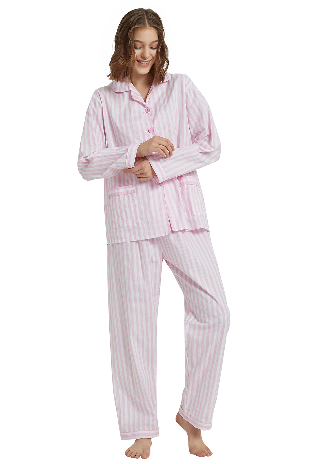 GLOBAL Womens 100% Cotton Pajamas Pink Stripes PJs Set